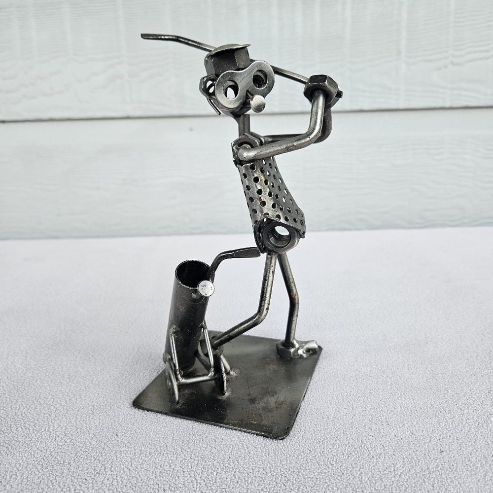 VTG Hinz & Kunst Metal Golfer Nuts Bolts Swing Bag Club Folk Art Sculpture 7"